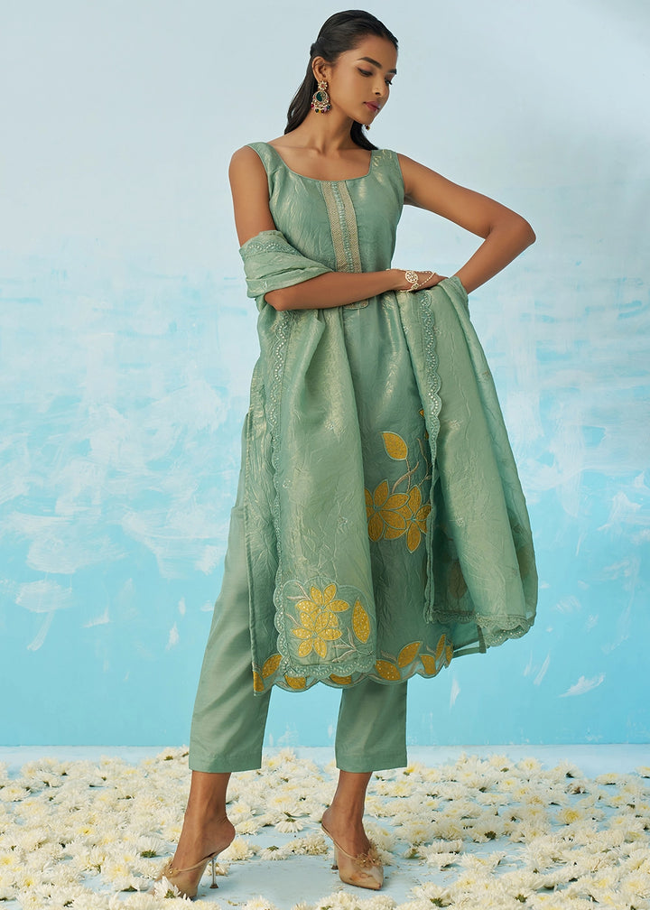 Light Turquoise Blue Crush Organza Salwar Suit with Light Embroidery