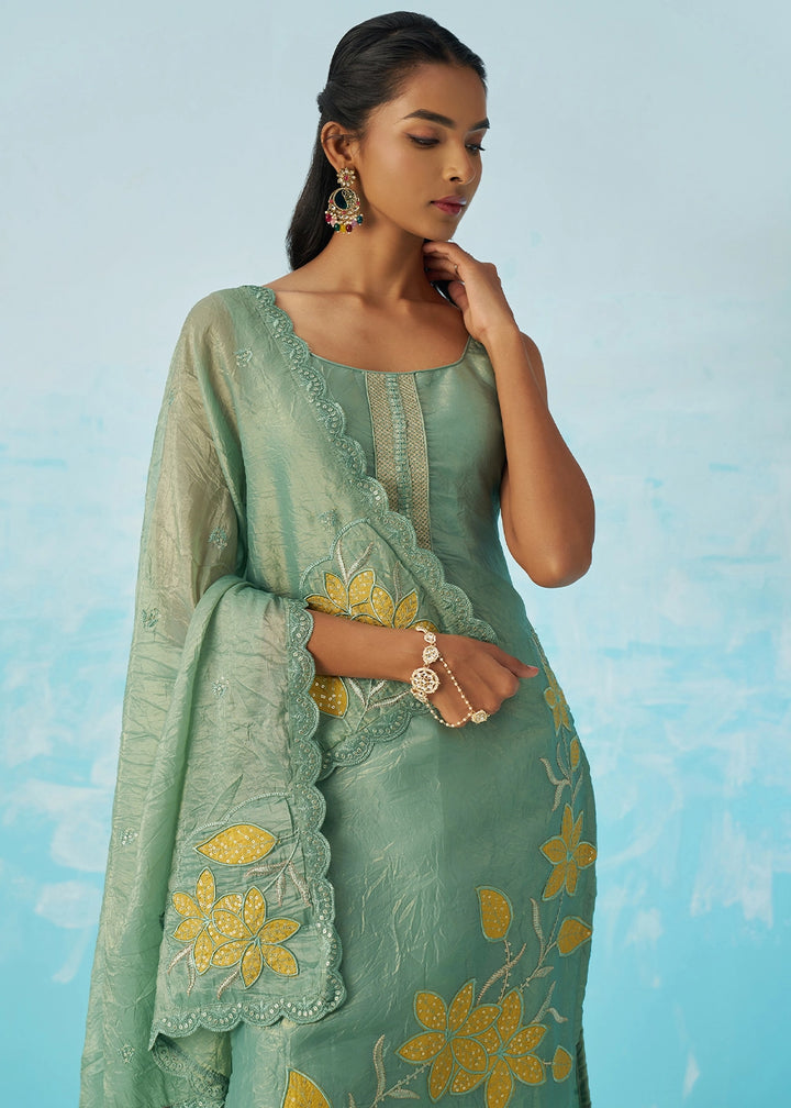 Light Turquoise Blue Crush Organza Salwar Suit with Light Embroidery
