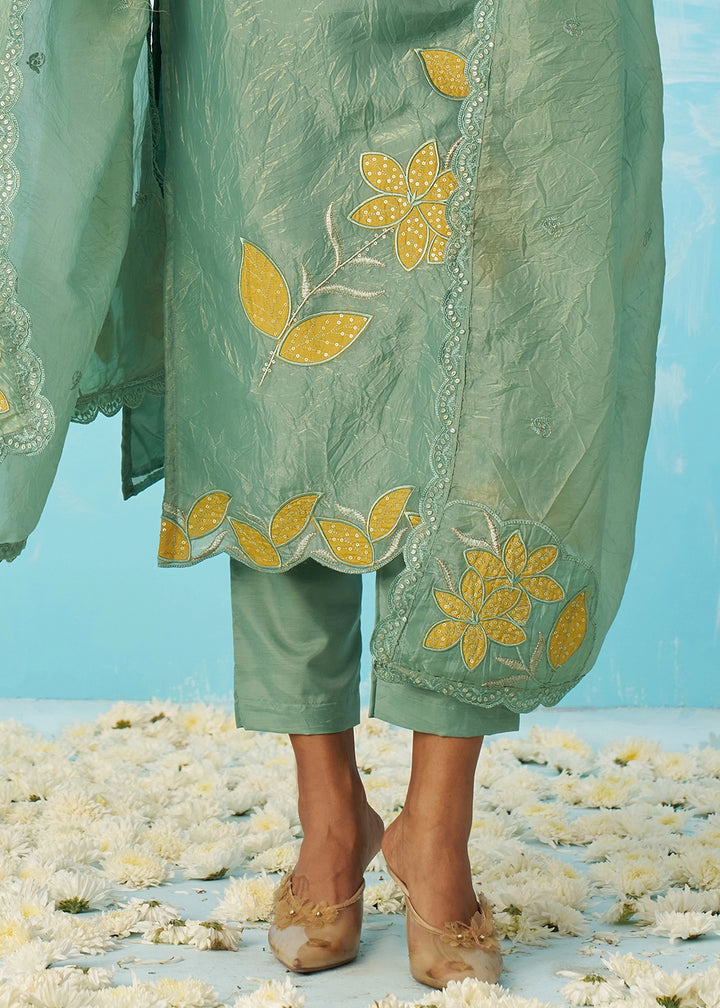 Light Turquoise Blue Crush Organza Salwar Suit with Light Embroidery