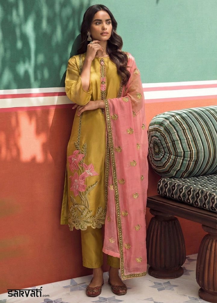 Mustard Yellow Tissue Suit with Floral Embroidery and Trousers