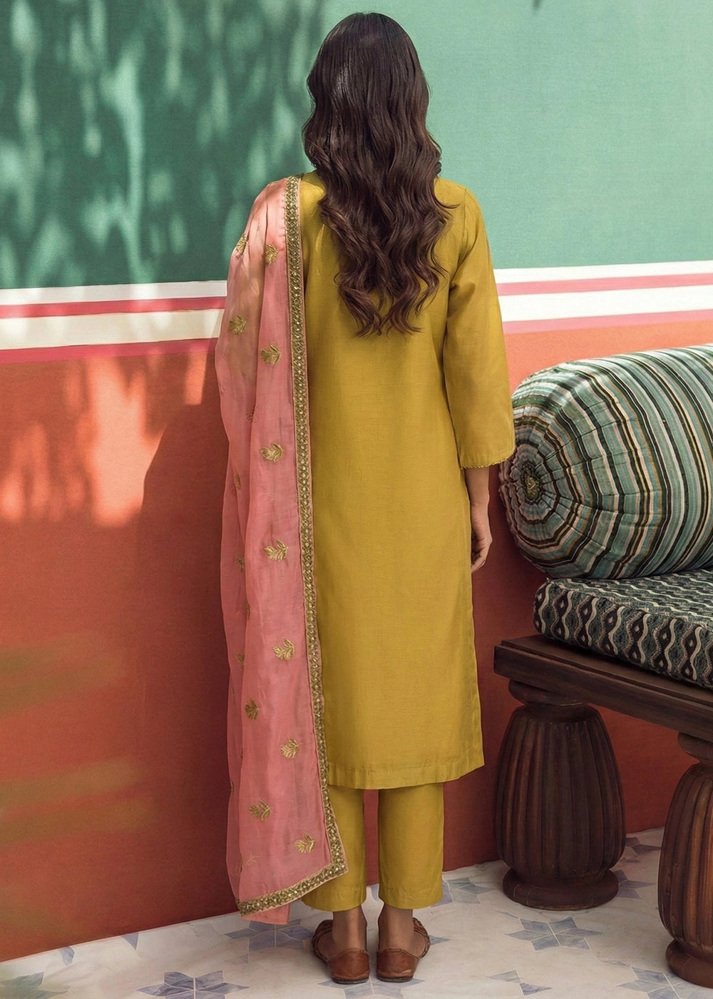 Mustard Yellow Tissue Suit with Floral Embroidery and Trousers