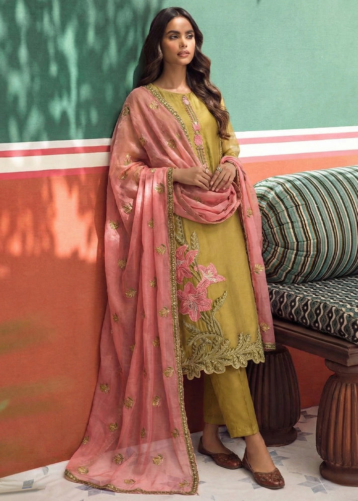 Mustard Yellow Tissue Suit with Floral Embroidery and Trousers