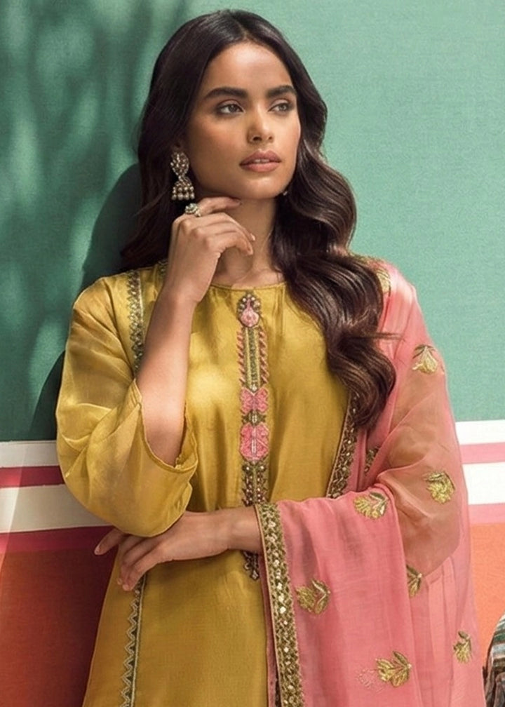 Mustard Yellow Tissue Suit with Floral Embroidery and Trousers