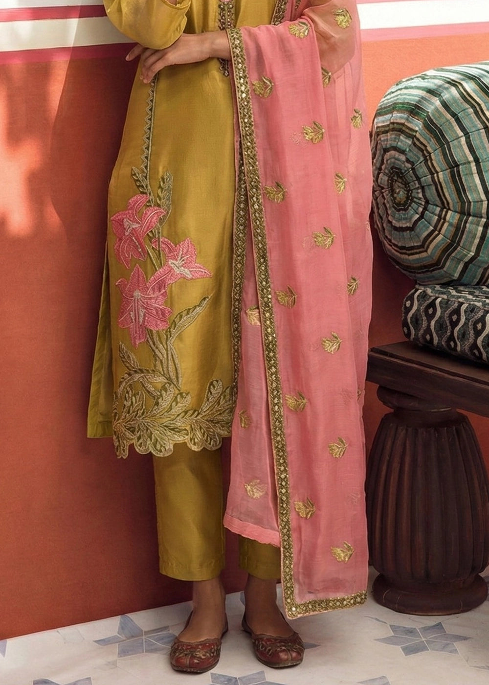 Mustard Yellow Tissue Suit with Floral Embroidery and Trousers