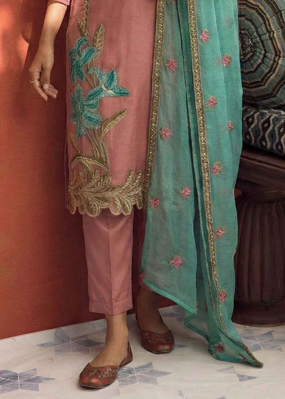 Coral Pink Tissue Suit with Floral Embroidery and Trousers