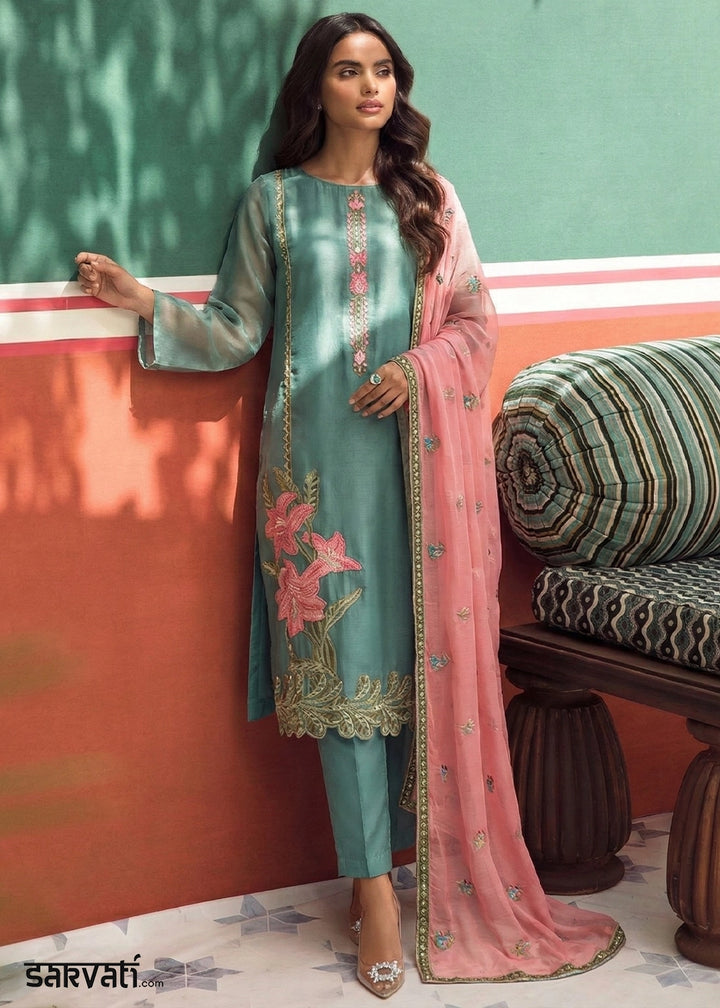 Stone Blue Tissue Suit with Floral Embroidery and Trousers
