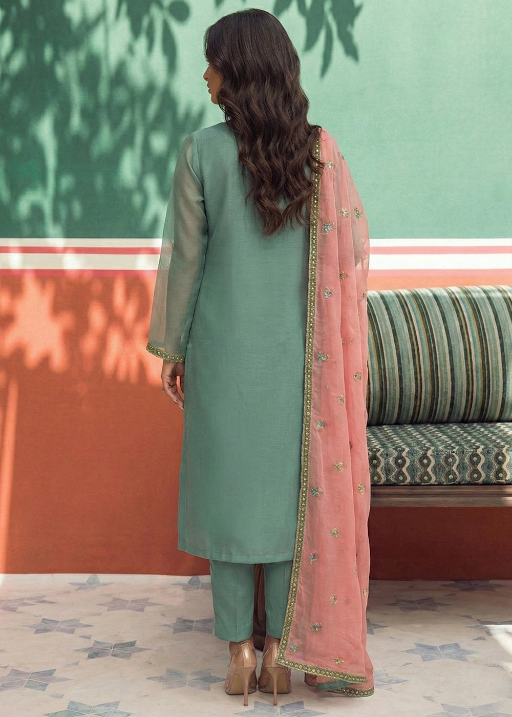 Stone Blue Tissue Suit with Floral Embroidery and Trousers