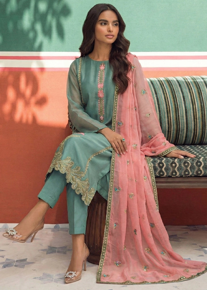 Stone Blue Tissue Suit with Floral Embroidery and Trousers