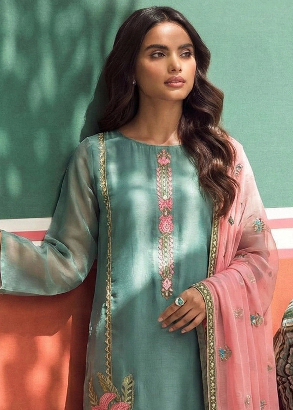 Stone Blue Tissue Suit with Floral Embroidery and Trousers