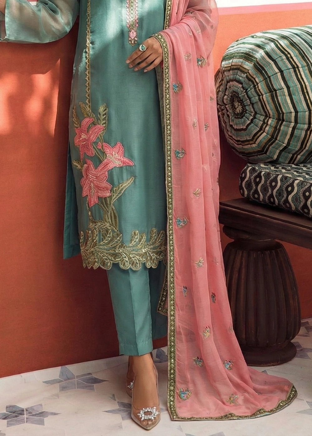 Stone Blue Tissue Suit with Floral Embroidery and Trousers