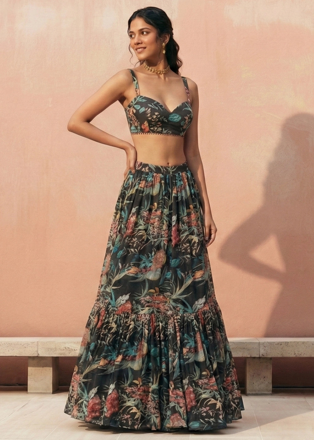Pitch Black Ready to Wear Floral Printed Lehenga Choli