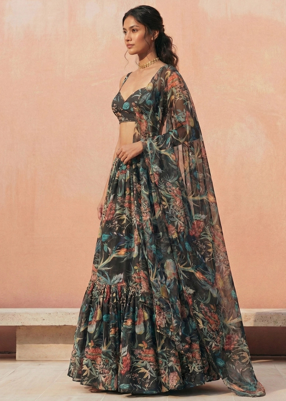 Pitch Black Ready to Wear Floral Printed Lehenga Choli