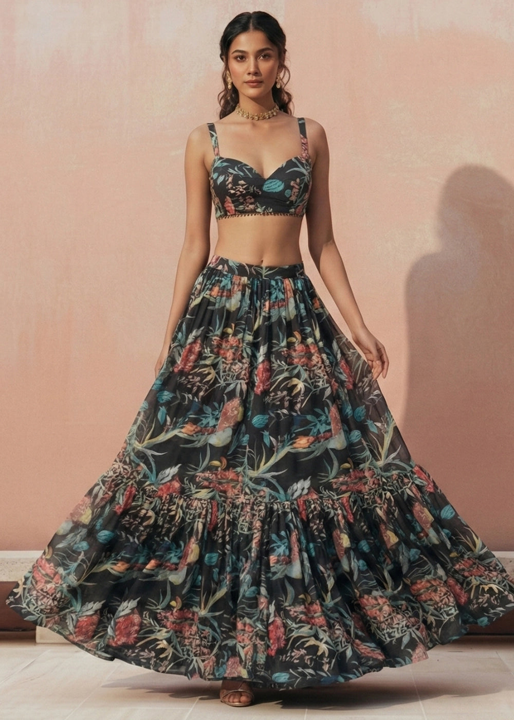 Pitch Black Ready to Wear Floral Printed Lehenga Choli