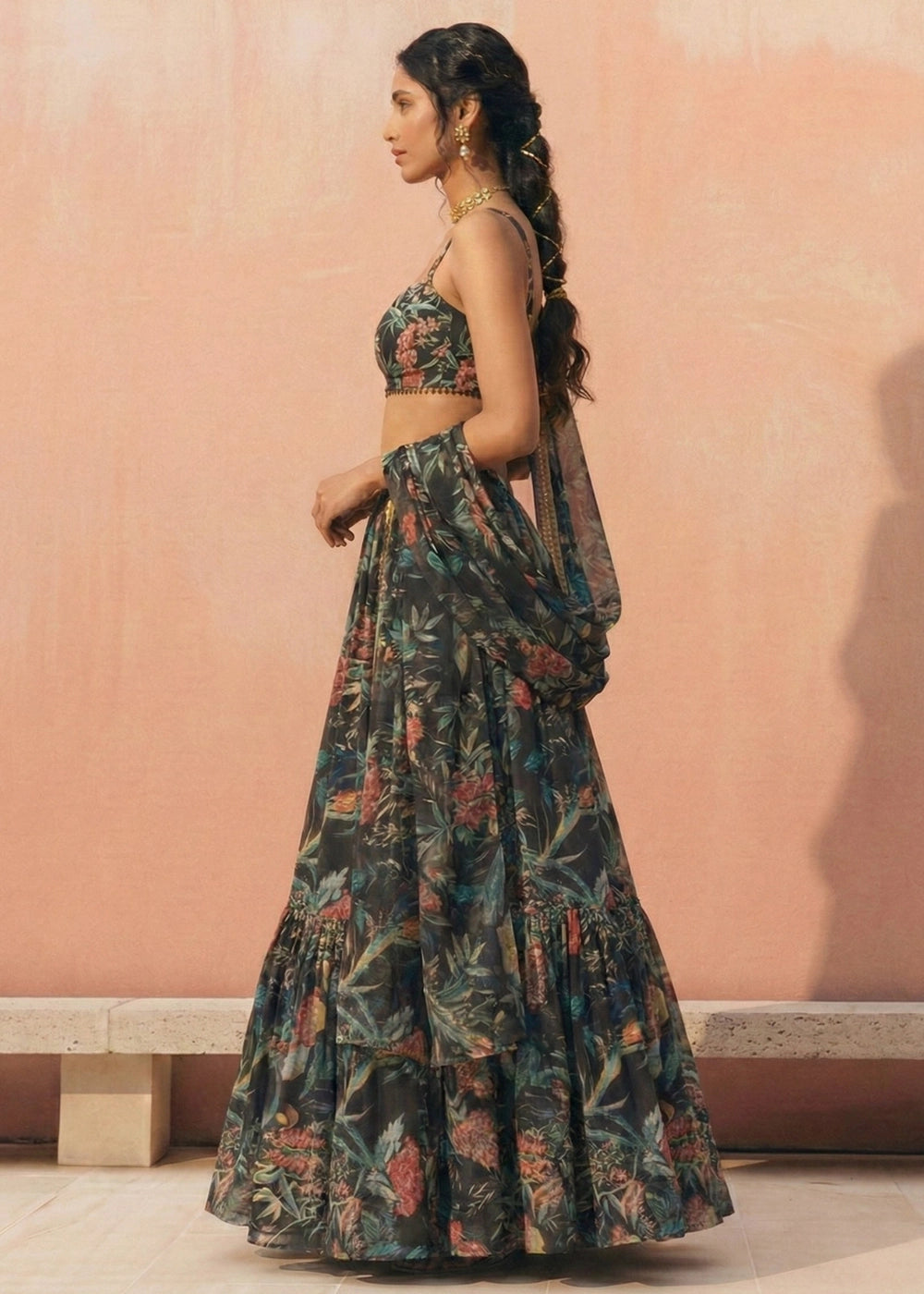 Pitch Black Ready to Wear Floral Printed Lehenga Choli