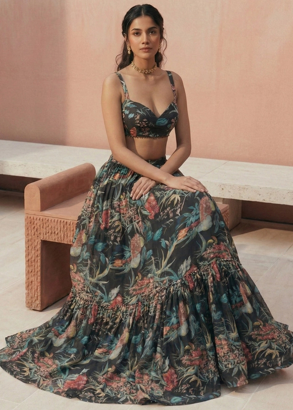 Pitch Black Ready to Wear Floral Printed Lehenga Choli