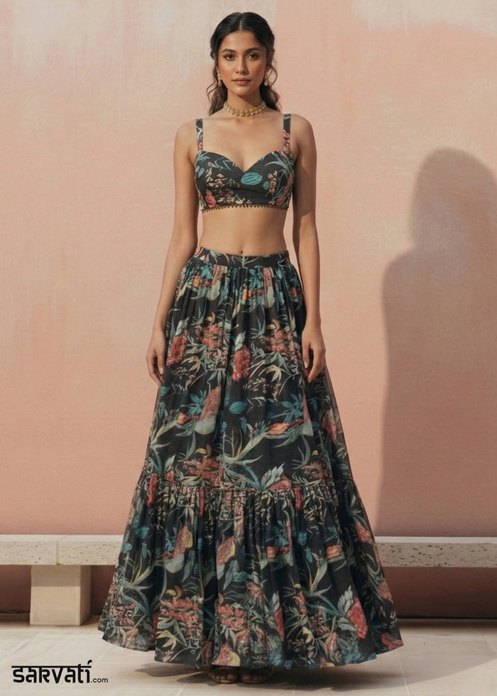 Pitch Black Ready to Wear Floral Printed Lehenga Choli