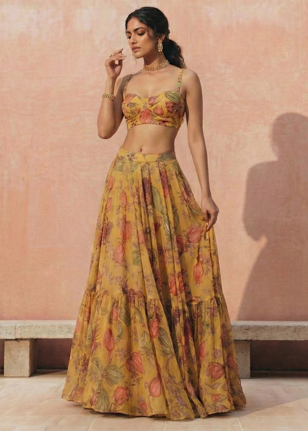 Amber Yellow Ready to Wear Floral Printed Lehenga Choli