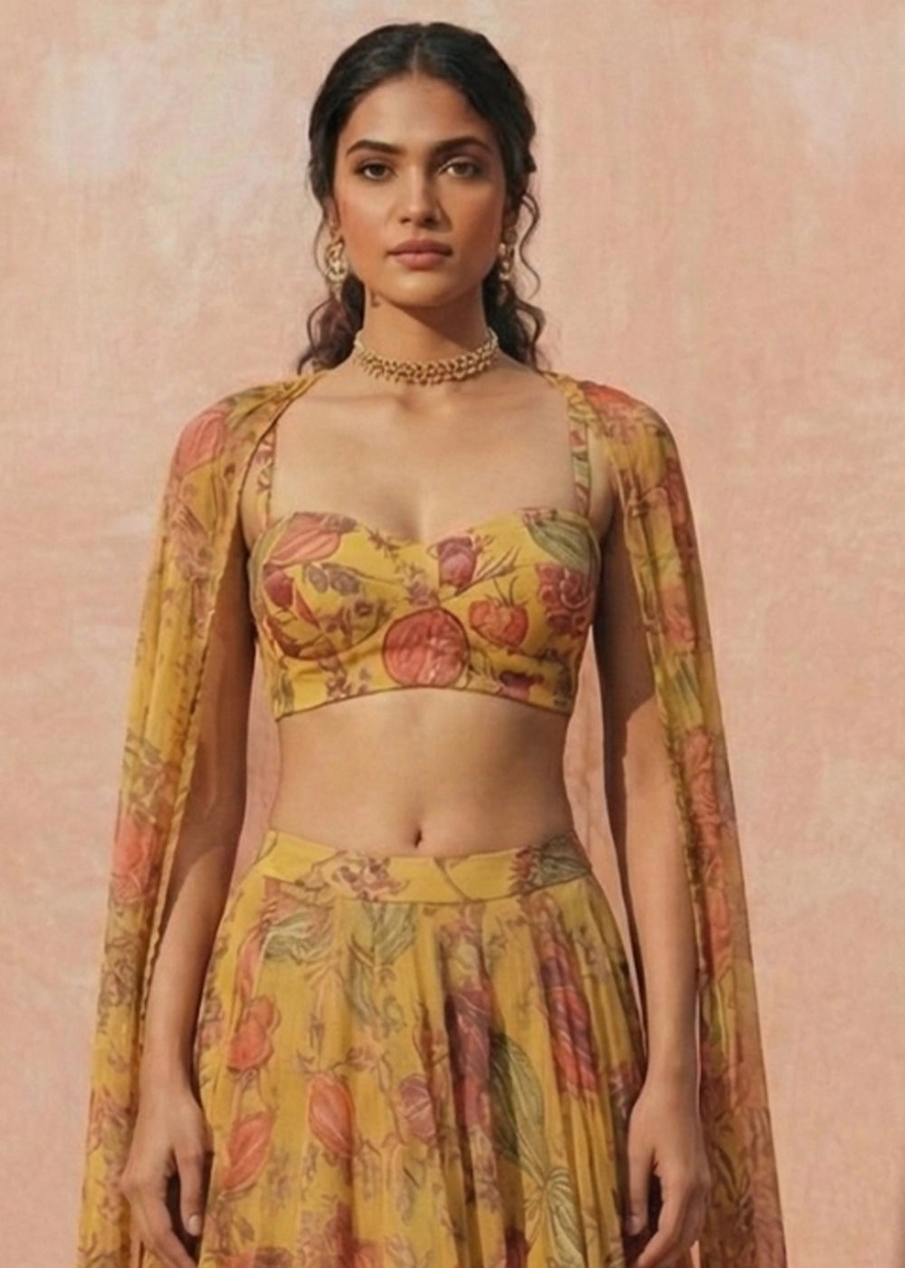 Amber Yellow Ready to Wear Floral Printed Lehenga Choli