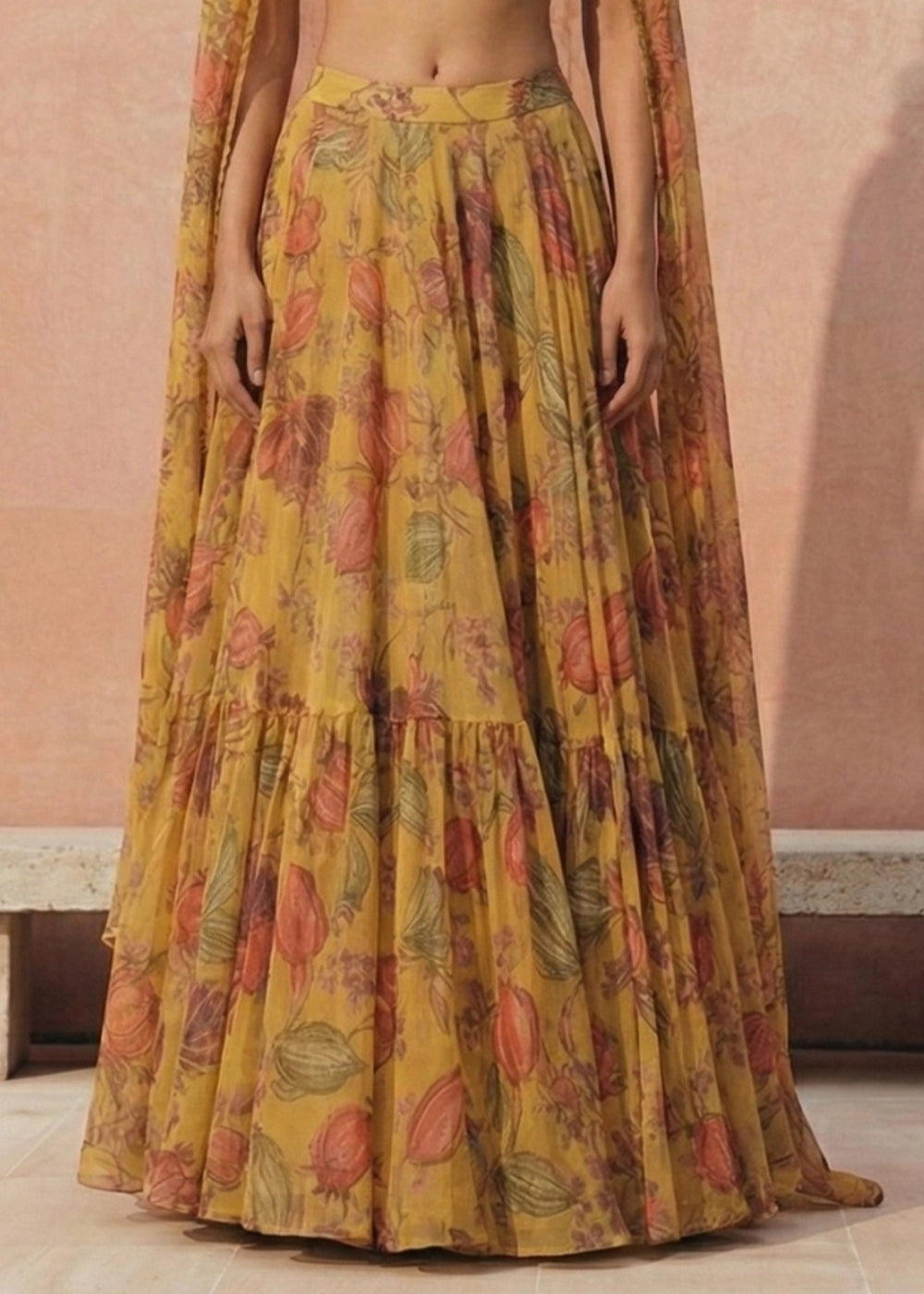 Amber Yellow Ready to Wear Floral Printed Lehenga Choli