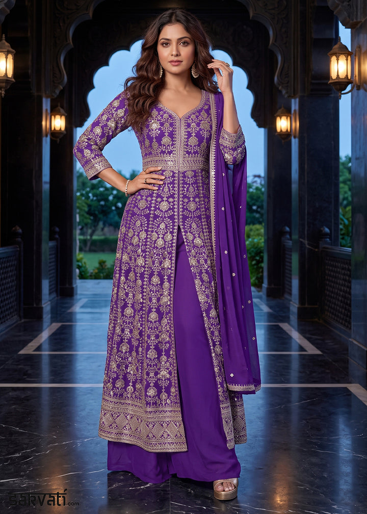 Amethyst Purple Chinon Silk Anarkali Suit Set with Embroidered Butti and Border Work