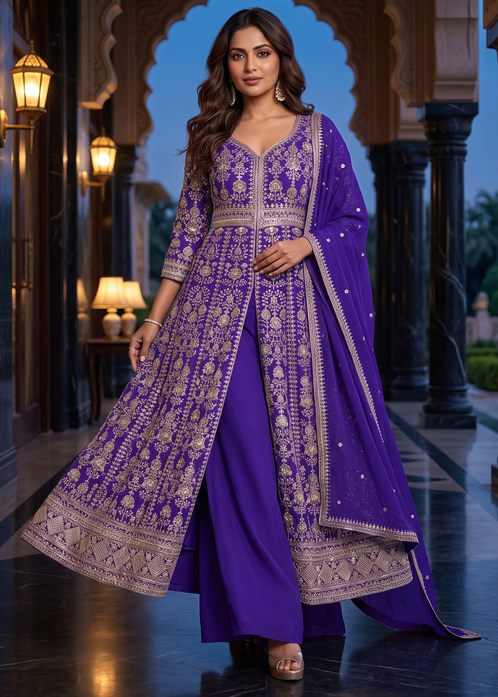 Amethyst Purple Chinon Silk Anarkali Suit Set with Embroidered Butti and Border Work