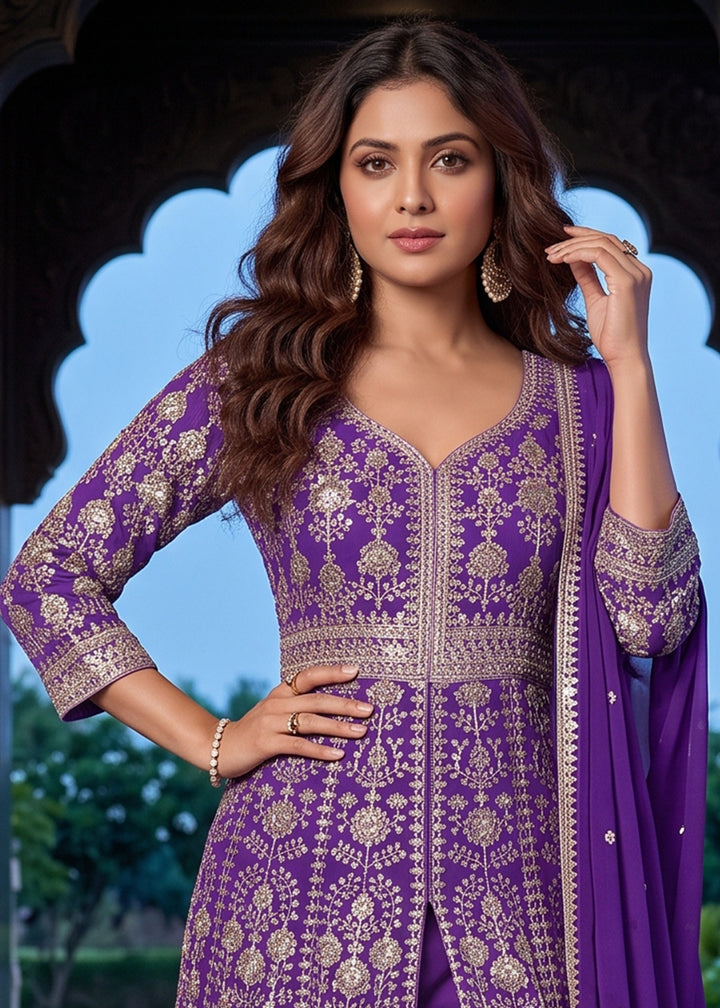 Amethyst Purple Chinon Silk Anarkali Suit Set with Embroidered Butti and Border Work