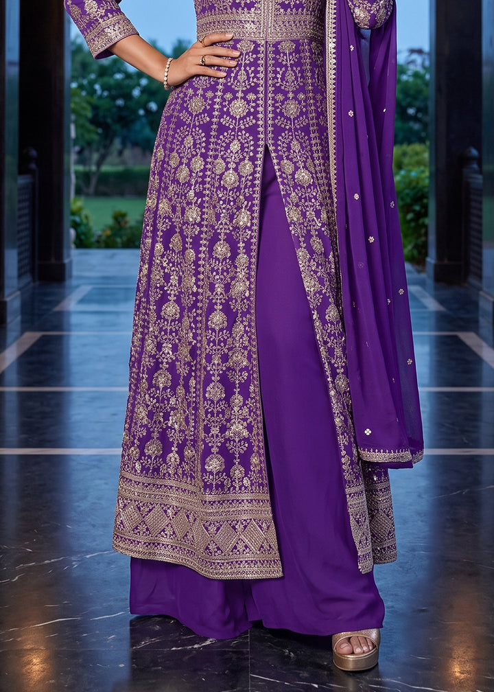 Amethyst Purple Chinon Silk Anarkali Suit Set with Embroidered Butti and Border Work