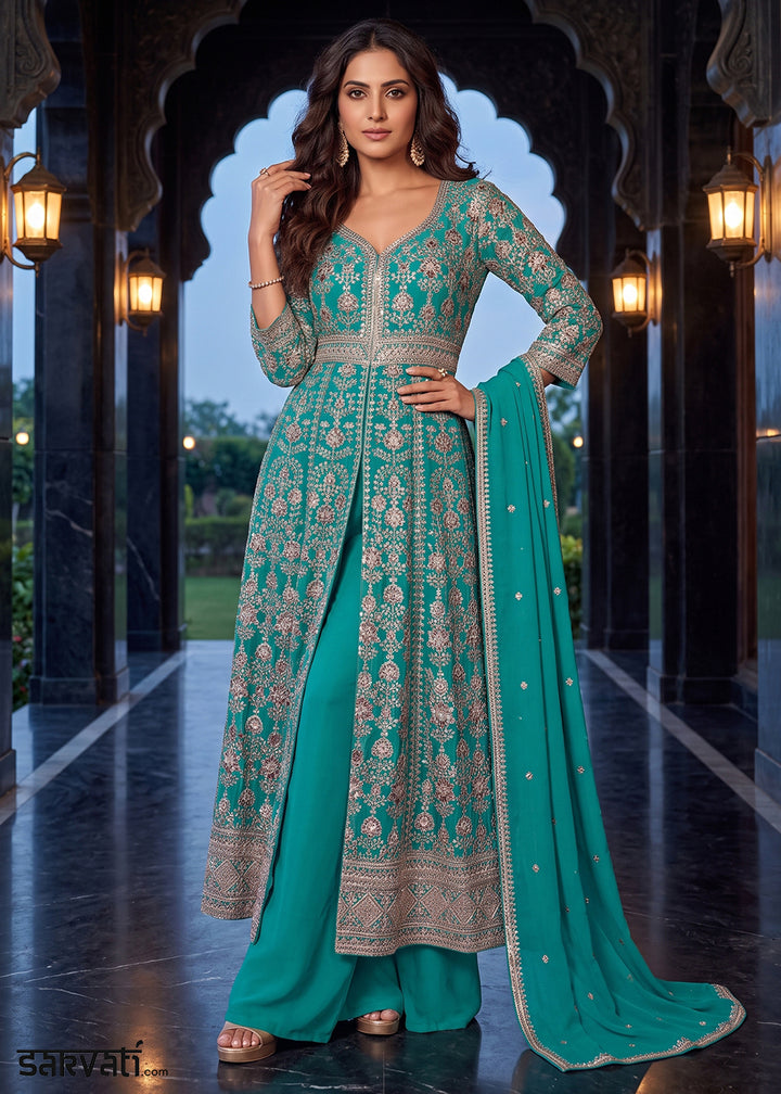Turquoise Teal Blue Chinon Silk Anarkali Suit Set with Embroidered Butti and Border Work