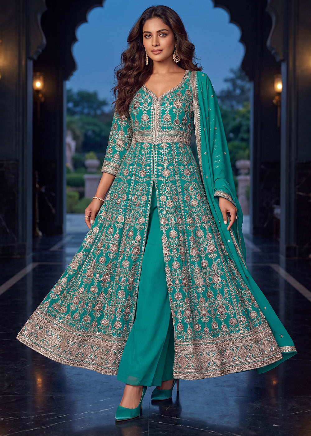 Turquoise Teal Blue Chinon Silk Anarkali Suit Set with Embroidered Butti and Border Work