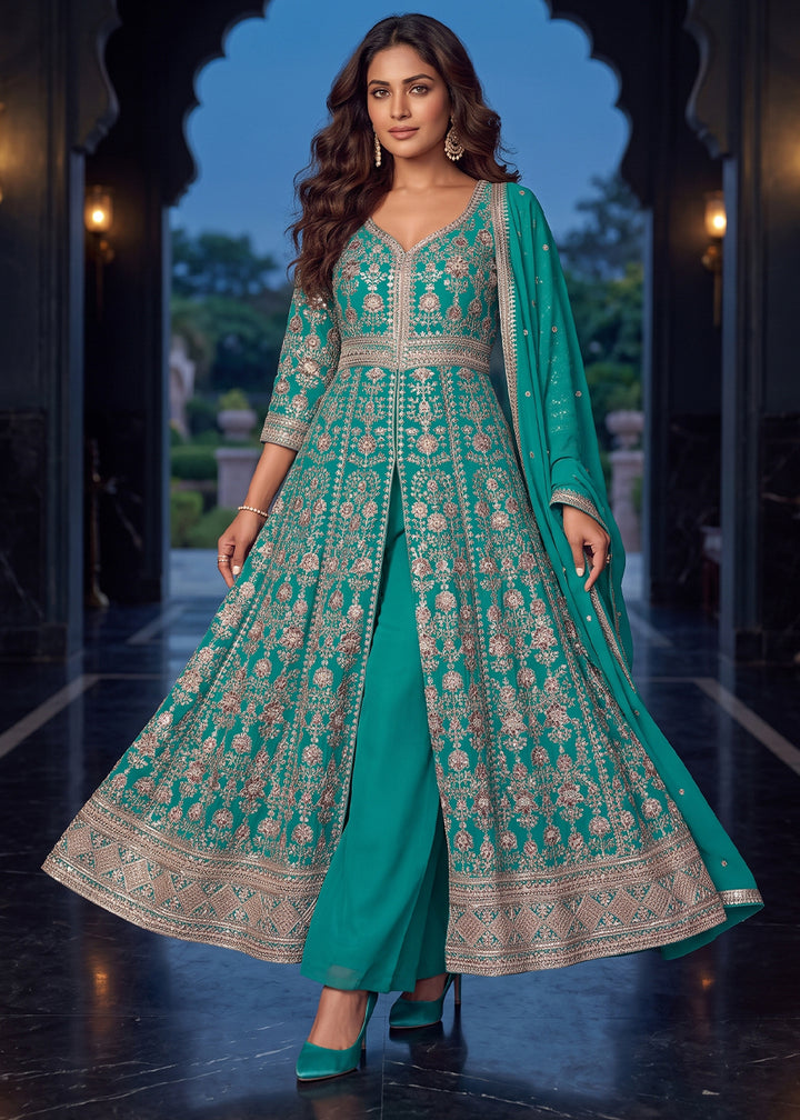 Turquoise Teal Blue Chinon Silk Anarkali Suit Set with Embroidered Butti and Border Work