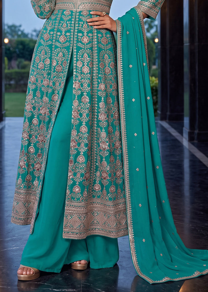 Turquoise Teal Blue Chinon Silk Anarkali Suit Set with Embroidered Butti and Border Work