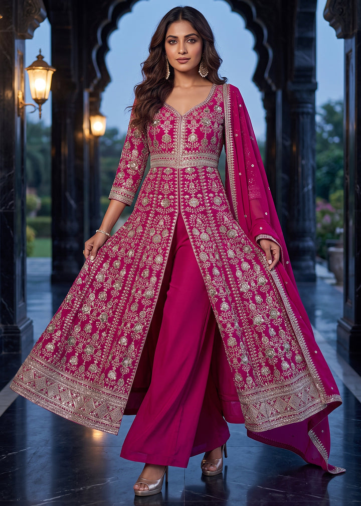 Magenta Pink Blue Chinon Silk Anarkali Suit Set with Embroidered Butti and Border Work