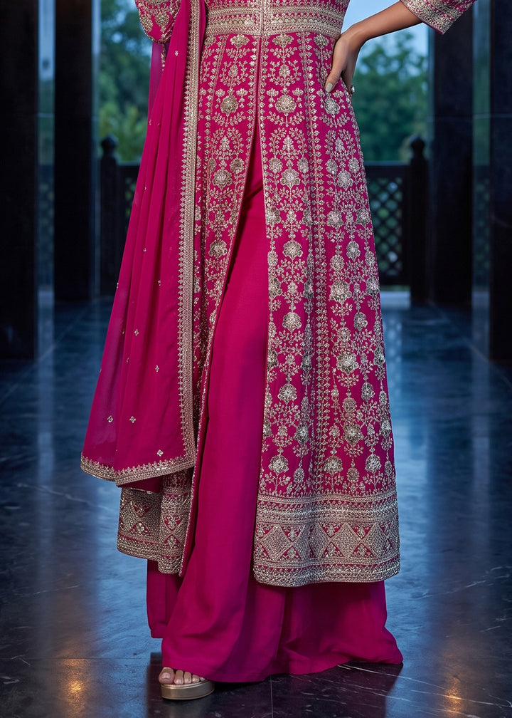 Magenta Pink Blue Chinon Silk Anarkali Suit Set with Embroidered Butti and Border Work