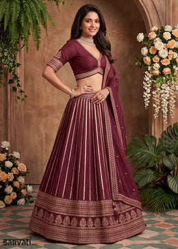 Burnt Umber Brown Silk Lehenga Choli with Refined Dual-Sided Embroidery