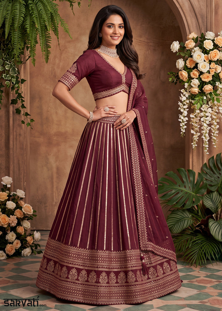 Burnt Umber Brown Silk Lehenga Choli with Refined Dual-Sided Embroidery
