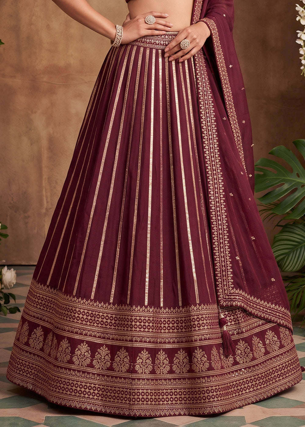 Burnt Umber Brown Silk Lehenga Choli with Refined Dual-Sided Embroidery