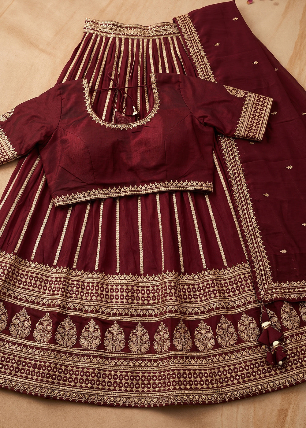 Burnt Umber Brown Silk Lehenga Choli with Refined Dual-Sided Embroidery