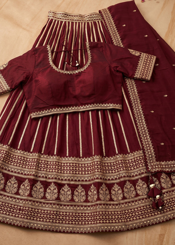 Burnt Umber Brown Silk Lehenga Choli with Refined Dual-Sided Embroidery