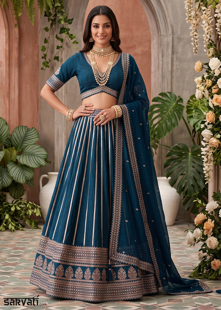 Trypan Blue Silk Lehenga Choli with Refined Dual-Sided Embroidery
