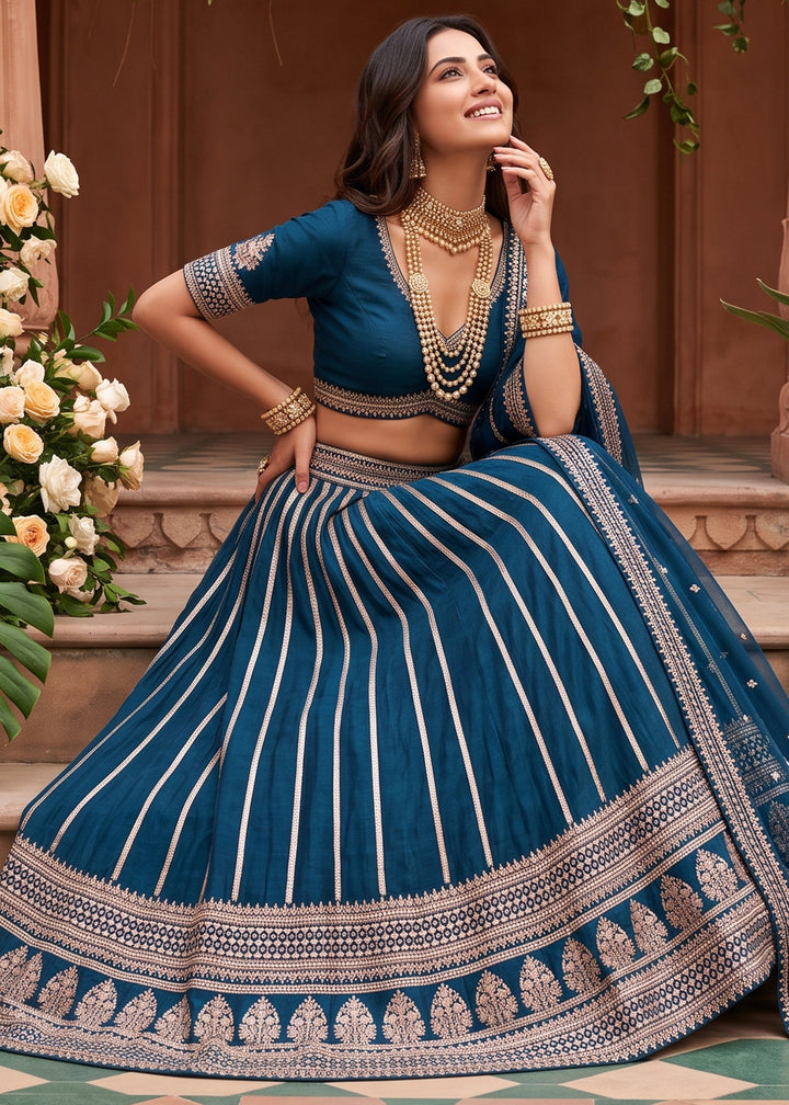 Trypan Blue Silk Lehenga Choli with Refined Dual-Sided Embroidery