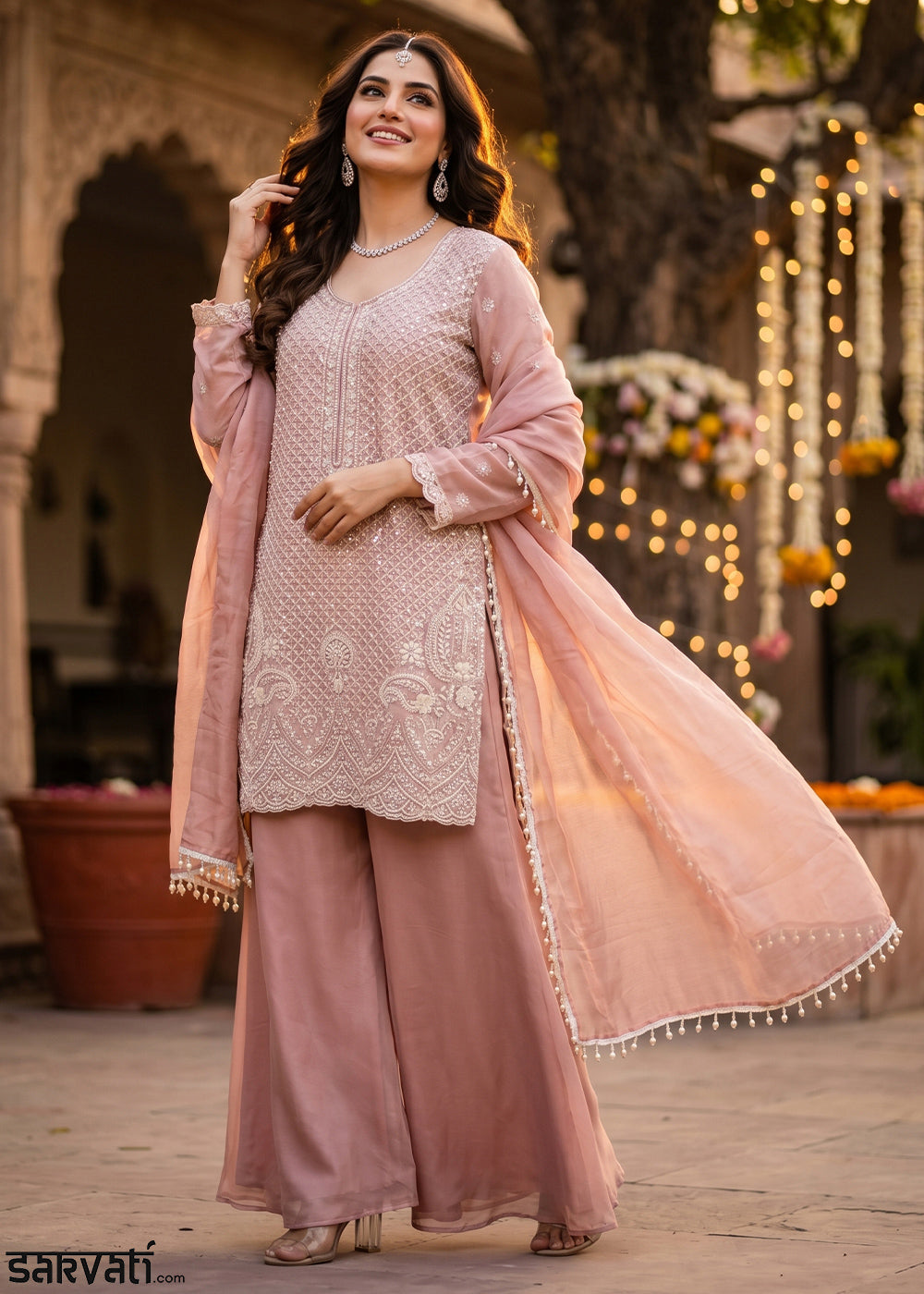 Peach Pink Chinon Silk Sharara Suit with Fine Hand-Beaded Detailing