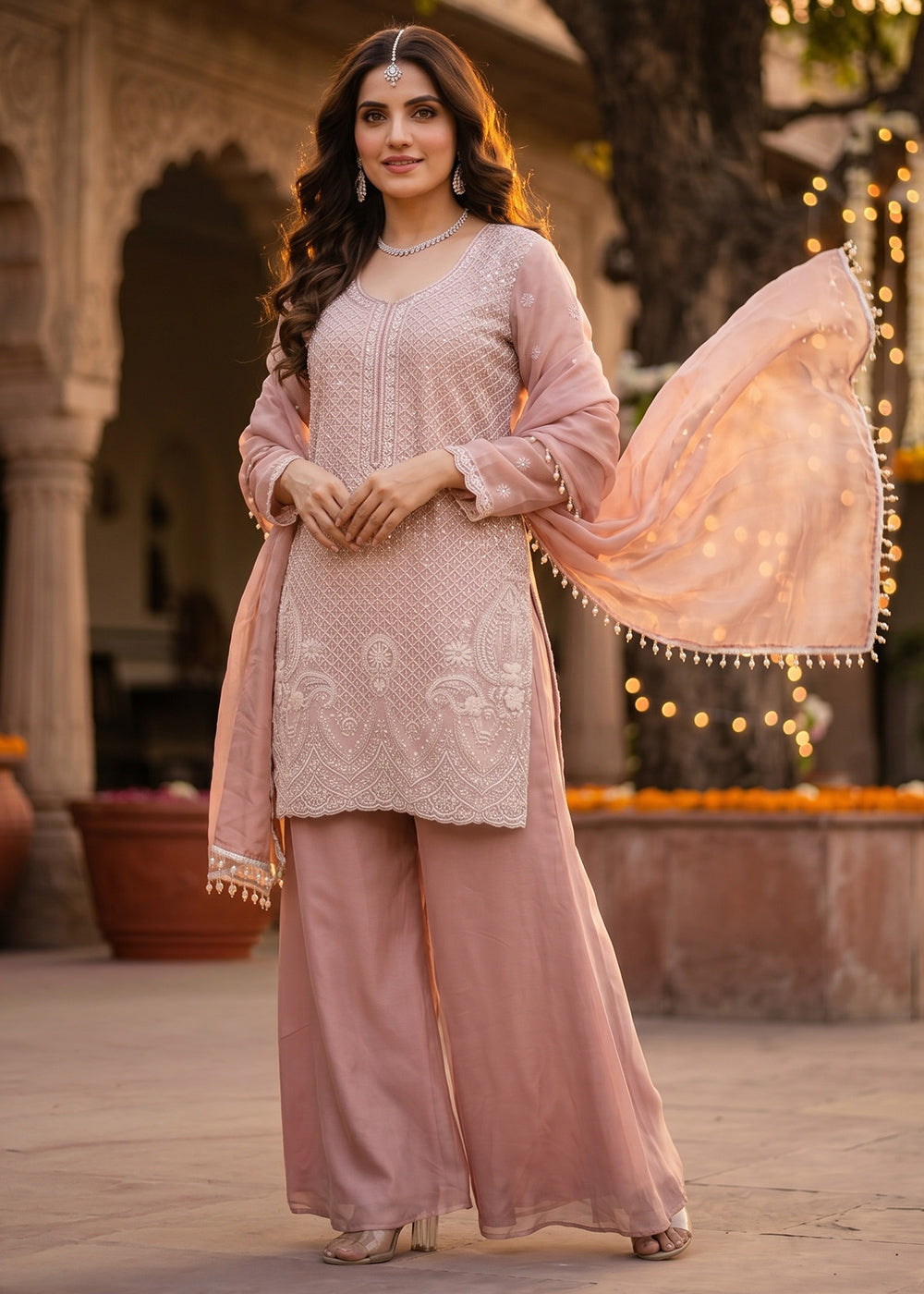Peach Pink Chinon Silk Sharara Suit with Fine Hand-Beaded Detailing