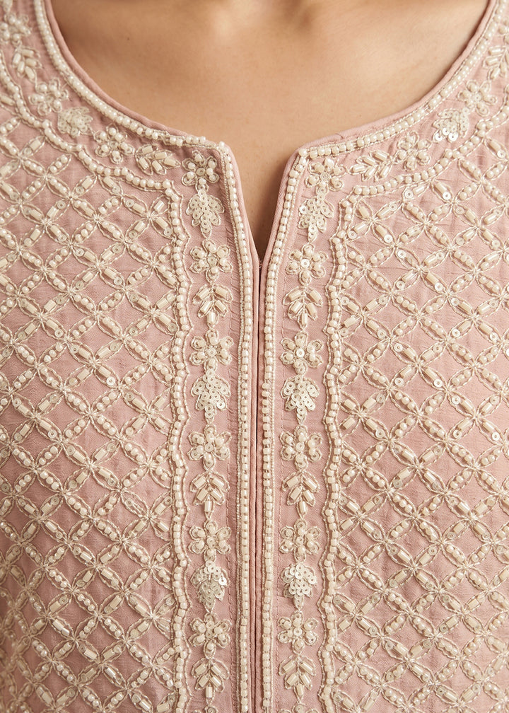 Peach Pink Chinon Silk Sharara Suit with Fine Hand-Beaded Detailing