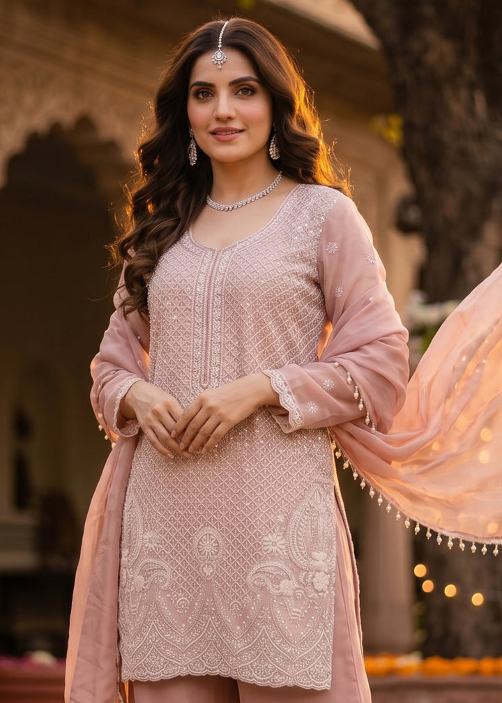 Peach Pink Chinon Silk Sharara Suit with Fine Hand-Beaded Detailing