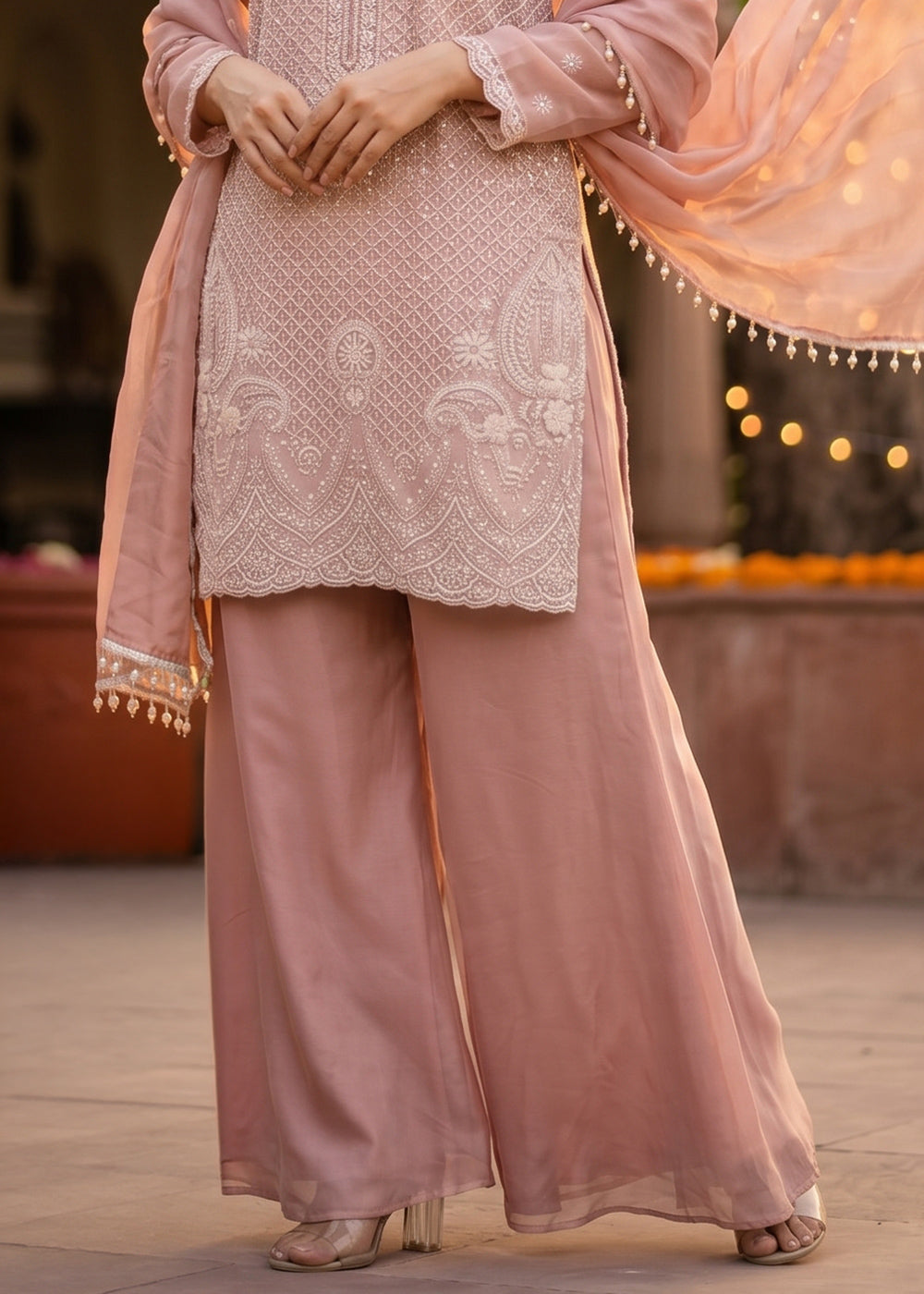 Peach Pink Chinon Silk Sharara Suit with Fine Hand-Beaded Detailing