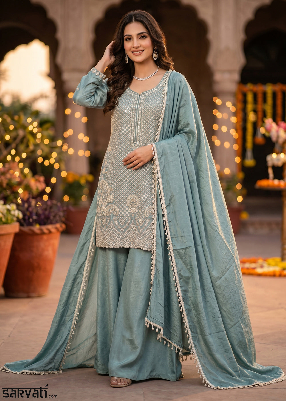 Columbia Blue Chinon Silk Sharara Suit with Fine Hand-Beaded Detailing