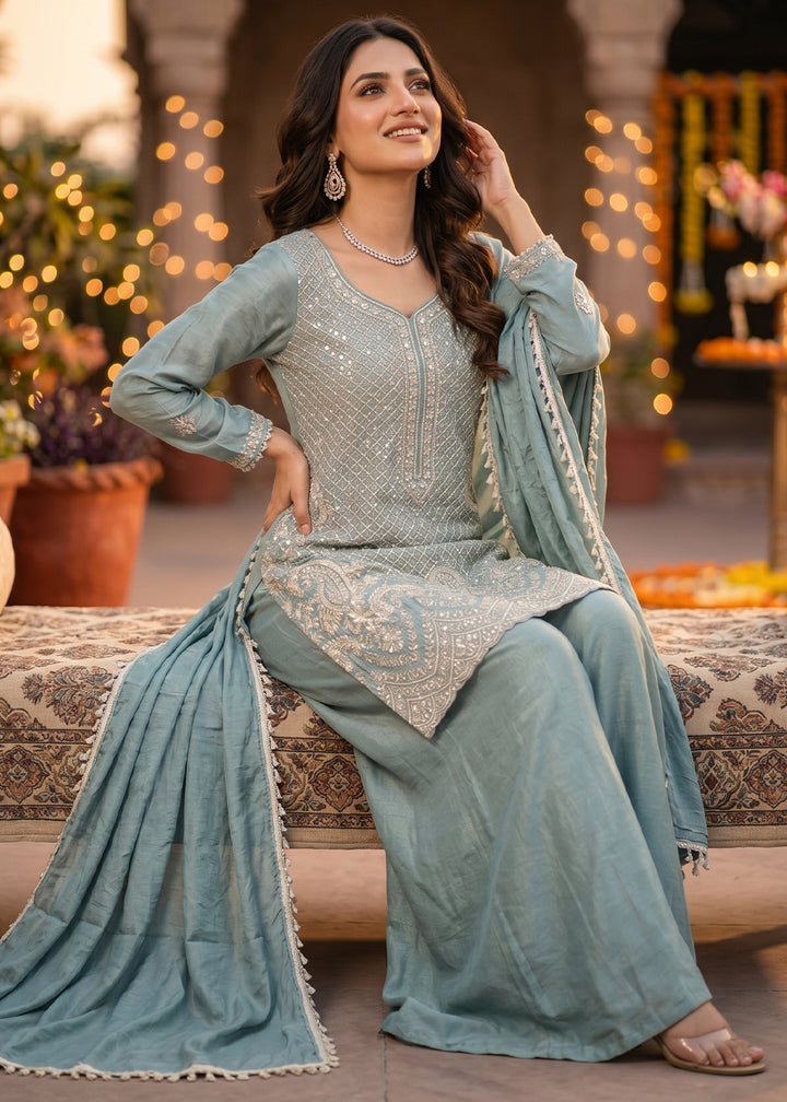 Columbia Blue Chinon Silk Sharara Suit with Fine Hand-Beaded Detailing