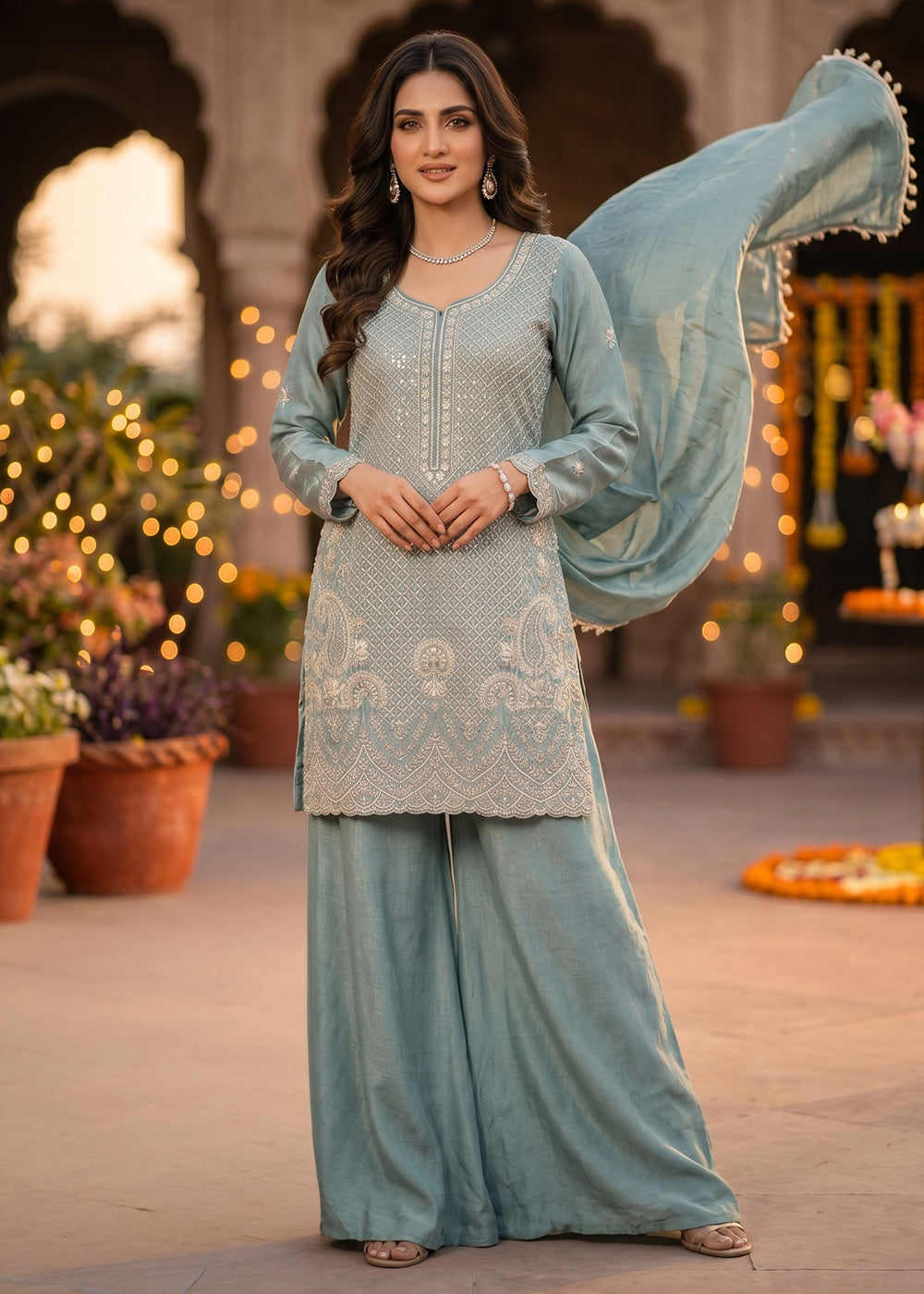 Columbia Blue Chinon Silk Sharara Suit with Fine Hand-Beaded Detailing