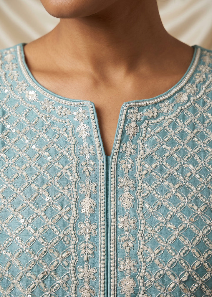 Columbia Blue Chinon Silk Sharara Suit with Fine Hand-Beaded Detailing