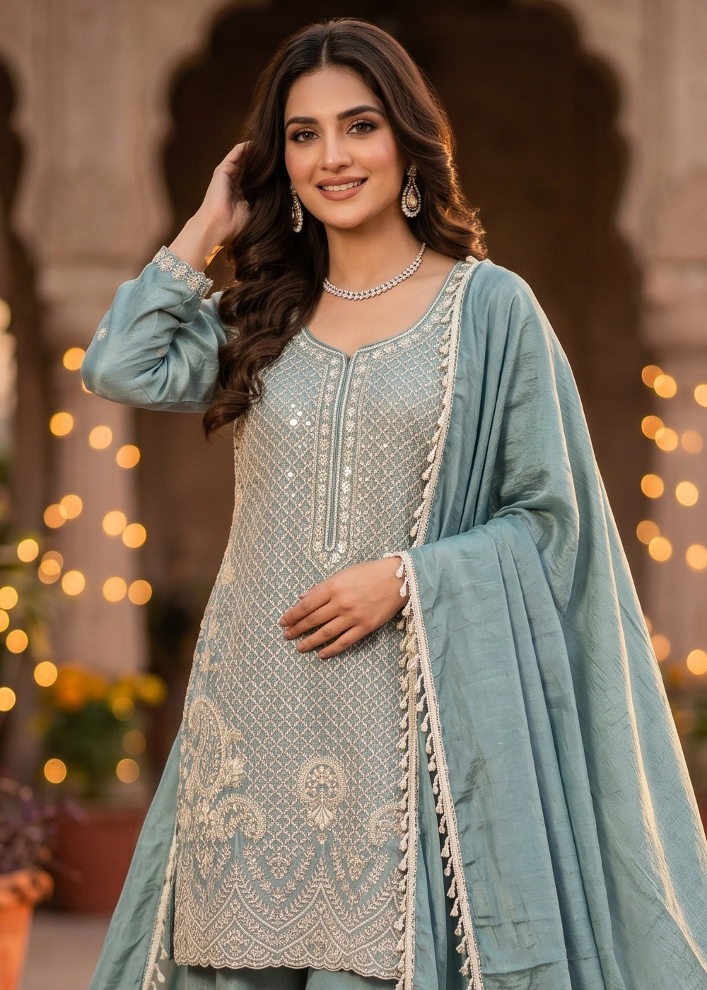 Columbia Blue Chinon Silk Sharara Suit with Fine Hand-Beaded Detailing